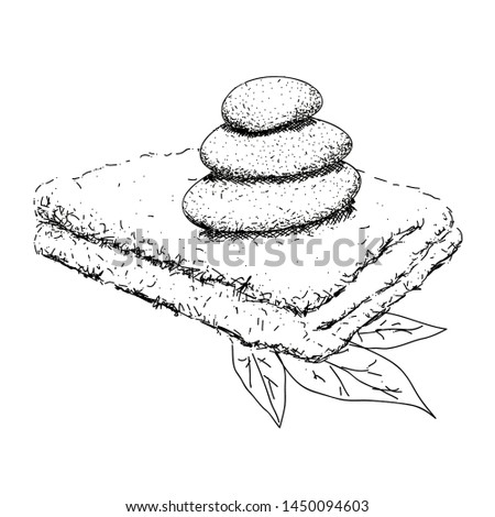 Sketch of spa objects. Towels, pile of stones and leaves - Vector