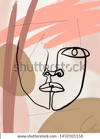 Creative freehand collage with Abstract portrait of a man drawn by a black line in the style of cubism. Contemporary composition.  Royalty-Free Stock Photo #1450101158