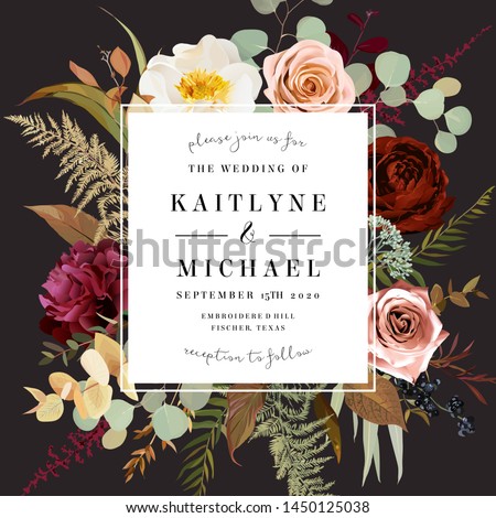 Square label dark frame arranged from leaves and flowers. Rust orange rose, peony, ranunculus, burgundy astilbe, fern, eucalyptus vector design. Masterpiece style. Autumn card. Isolated and editable Royalty-Free Stock Photo #1450125038
