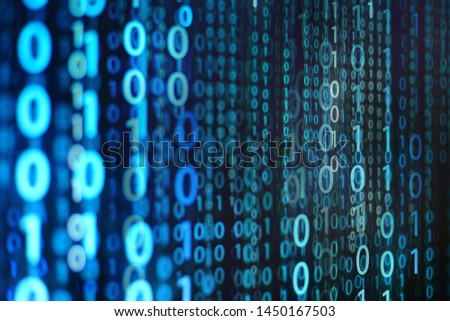 blue binary background. computer language matrix. multiple exposure photo of LED screen displaying information codes. cyber war and digital data transfer theme. ai and data analysis concepts. 