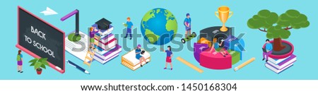 Back to school banner. Images of children, students and layouts of school stationery. Isometric vector illustration