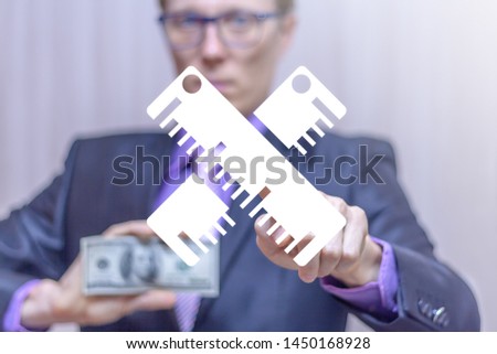 Businessman pushing ruler tool virtual button and holding a dollar banknote. Measuring tools business finance system. Forecasting, measurement, dimension,invest money concept. Royalty-Free Stock Photo #1450168928