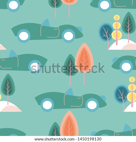 Cars, trees and hills in a seamless pattern design, that can be used on the web, as a background or in print for surface design