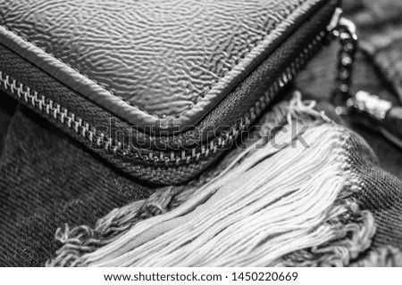 zipper on wallet, close - up, black and white photo