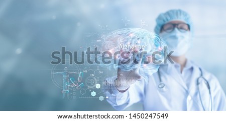 Abstract, Doctor checking and analysis alzheimer's disease and dementia of brain, testing result on virtual interface, innovative technology in science and medicine concept Royalty-Free Stock Photo #1450247549