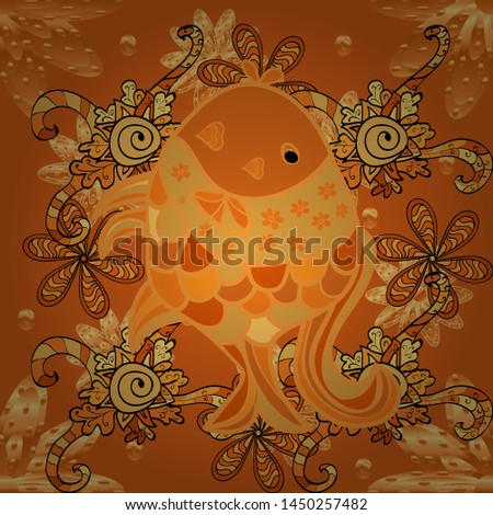 Vector illustration. Cute fishes on orange, yellow and black colors. Seamless. Of different types of fish. Freshwater fish set.