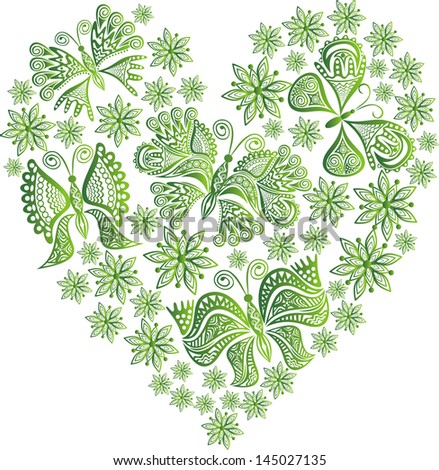 Nature heart flowers butterflies pattern green vector illustration
