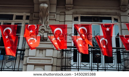 Turkish national flags with white star and moon in sky