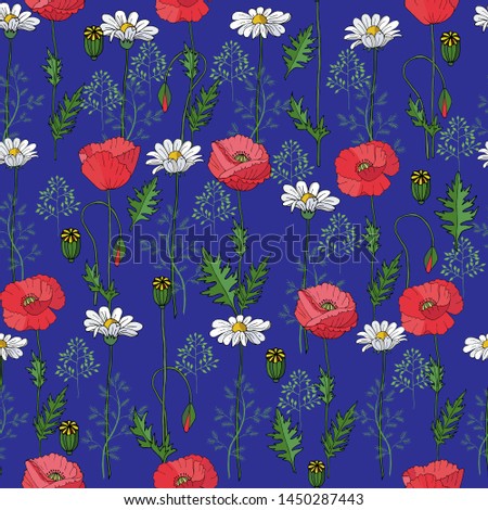 pattern of pink poppy and camomile on the blue background