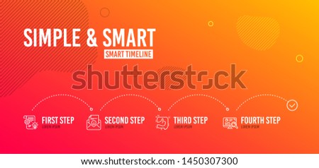 Infographic timeline. Cogwheel, Smile and Like icons simple set. Seo analytics sign. Idea bulb, Positive mail, Thumb up. Statistics. 4 steps layout. Line cogwheel icon. Vector