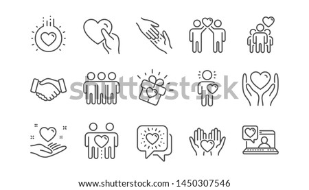 Friendship and love line icons. Interaction, Mutual understanding and assistance business. Trust handshake, social responsibility icons. Linear set. Vector Royalty-Free Stock Photo #1450307546