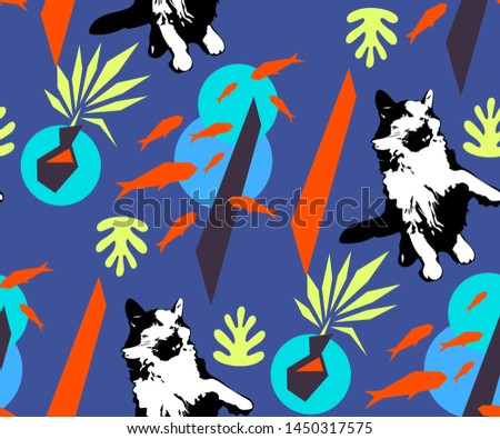 Cute cats and fishs seamless pattern. Pet vector illustration. Cartoon cat images. Cute design for kids. Сhildren's pattern