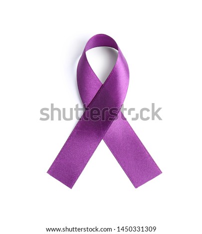 Purple awareness ribbon on white background, top view Royalty-Free Stock Photo #1450331309