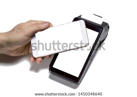 Smart POS terminal contactless mobile payments. Close up photo of customer paying cashless with smartphone isolated on white background. Concept for banking, finance and banking services.