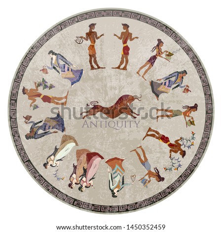 Minoan civilization. Ancient Greece frescos. Jumping bulls and goddesses. Ancient Crete. Heraklion. Cicrcle Knossos murals mythology  Royalty-Free Stock Photo #1450352459