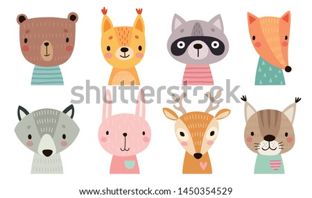 Cute animal faces. Hand drawn characters. Sweet funny animals. Vector illustration.