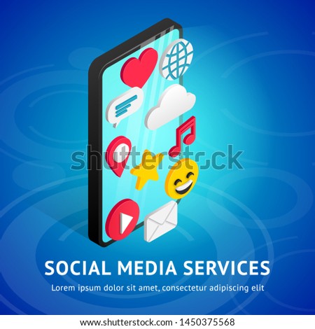 Isometric social media services banner design with text. Flat icons on smartphone screen vertical. 3d concept with chat, video, mail, phone, cloud, like, music sign. Vector illustration for web