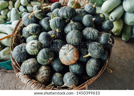 Green round pumpkins in a basket