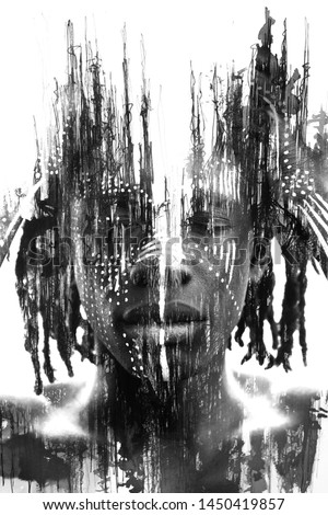 Paintography. Double exposure of African man with traditional style face paint dissolving behind black ink lines