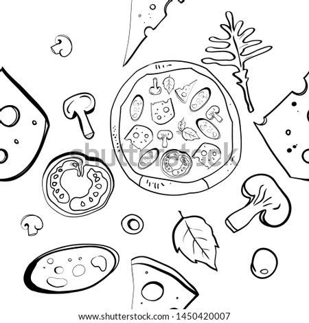 Seamless pattern, drawings on the topic of food, pizzeria, packaging design, vector illustration