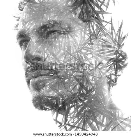 Double exposure close up portrait of an attractive man combined with plants, created with an ecological concept