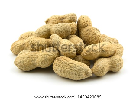 Peanuts,roasted in shell.Isolated on white background.Picture for bringing to the article about cereal food,advertising media containing peanuts,vegetarian food.