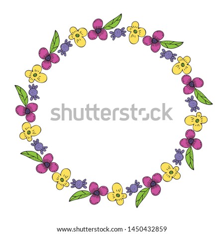 Doodle flovers and leaves. Vector colorfull illustration on isolated background. Wreath of flowers and leaves. Vector illustration on isolated background