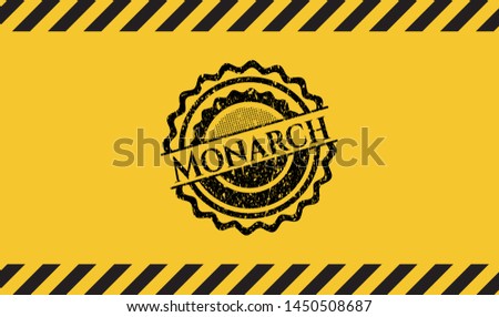 Monarch black grunge emblem, yellow warning sign. Vector Illustration. Detailed.