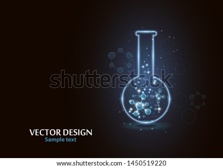 Test laboratory flask with the frame grid made of points, lines and forms. Vector illustration art style design on a dark background. Medicine, chemistry poster banner template with copy space.