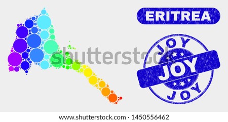 Spectrum spotted Eritrea map and rubber prints. Blue round Joy textured seal stamp. Gradiented spectrum Eritrea map mosaic of scattered round elements. Joy stamp with scratched surface.