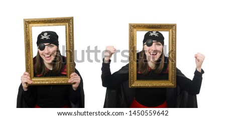 Female pirate in black coat holding photo frame isolated on whit