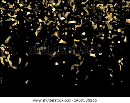 Gold glossy realistic confetti flying on black holiday vector graphic design. Luxurious flying tinsel elements, gold foil gradient serpentine streamers confetti falling festive background.