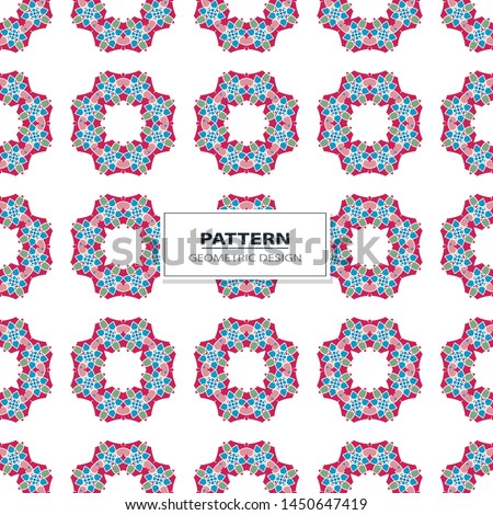 Vector seamless pattern background with different geometrical shapes of multiple colors. Illustration with symmetrical design. Kaleidoscope backdrop. Modern banner design template.