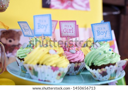 Delicious baby shower cookies on table. Sweet table for child birthday. Candy bar with a lot of different candies and sweet cakes
