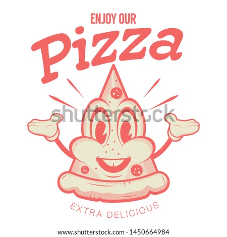 retro cartoon illustration of a happy pizza piece mascot