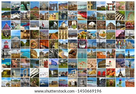 Collage of a pictures of food, objects, landmark, landscape and touristic place in the world
