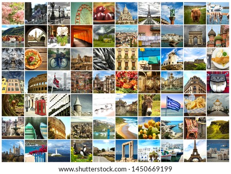 Collage of a pictures of food, objects, landmark, landscape and touristic place in Europe and scandinavian