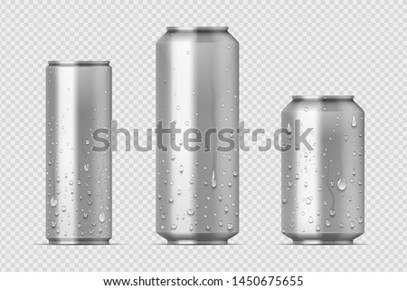 Realistic metal cans. Aluminum bear soda and lemonade cans with water drops, energy drink blank mockup. Vector isolated set canned beverages with water condensation on transparent background Royalty-Free Stock Photo #1450675655