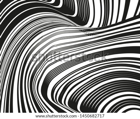 Psychedelic background with black white twisted wavy lines. Optical line art. Vector illustration for layouts, covers, banners, posters, advertising.
