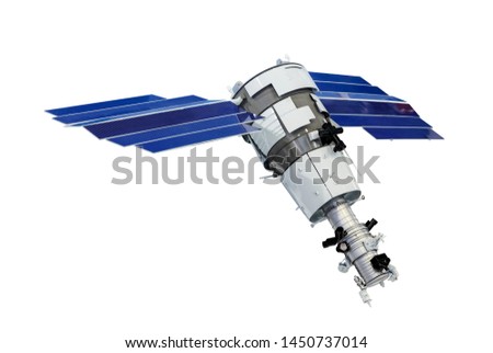 Orbital artificial earth satellite with blue solar panels on the sides surface probing isolated on white background Royalty-Free Stock Photo #1450737014