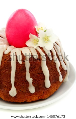 Easter cake, eggs and flower close up.