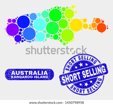 Rainbow colored spotted Kangaroo Island map and rubber prints. Blue round Short Selling textured seal stamp. Gradiented rainbow colored Kangaroo Island map mosaic of random round elements.