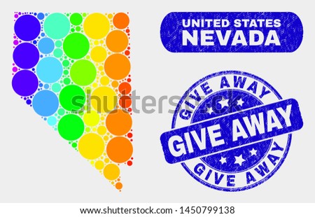 Rainbow colored dot Nevada State map and rubber prints. Blue rounded Give Away distress seal. Gradient rainbow colored Nevada State map mosaic of scattered small spheres.