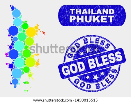 Spectral dotted Phuket map and seal stamps. Blue rounded God Bless distress seal stamp. Gradient spectral Phuket map mosaic of random circle. God Bless seal stamp with distress surface.