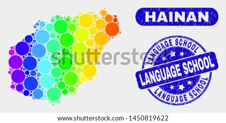 Spectral spotted Hainan map and stamps. Blue rounded Language School scratched seal. Gradient spectral Hainan map mosaic of randomized small spheres. Language School seal stamp with scratched texture.