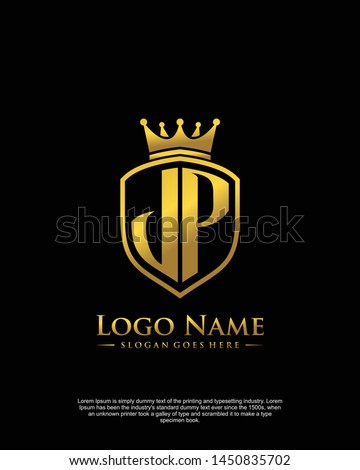 initial JP letter with shield style logo template vector