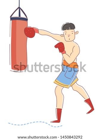 Boxer training in gym. Young sportsman is kicking punching bag. Boy wearing boxing gloves. Professional sport. Guy preparing to competition. Vector illustration. Isolated on white background