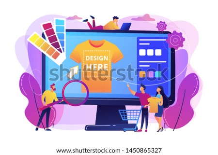 T-shirt print on demand services. Promotional apparel design. Merch clothing, custom merchandise products, merch design service concept. Bright vibrant violet vector isolated illustration Royalty-Free Stock Photo #1450865327