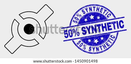 Vector outline artificial joint pictogram and 50% Synthetic seal stamp. Blue round grunge seal stamp with 50% Synthetic phrase. Black isolated artificial joint pictogram in outline style.