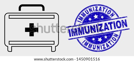 Vector stroke first aid case icon and Immunization seal stamp. Blue round distress seal with Immunization phrase. Black isolated first aid case icon in linear style.